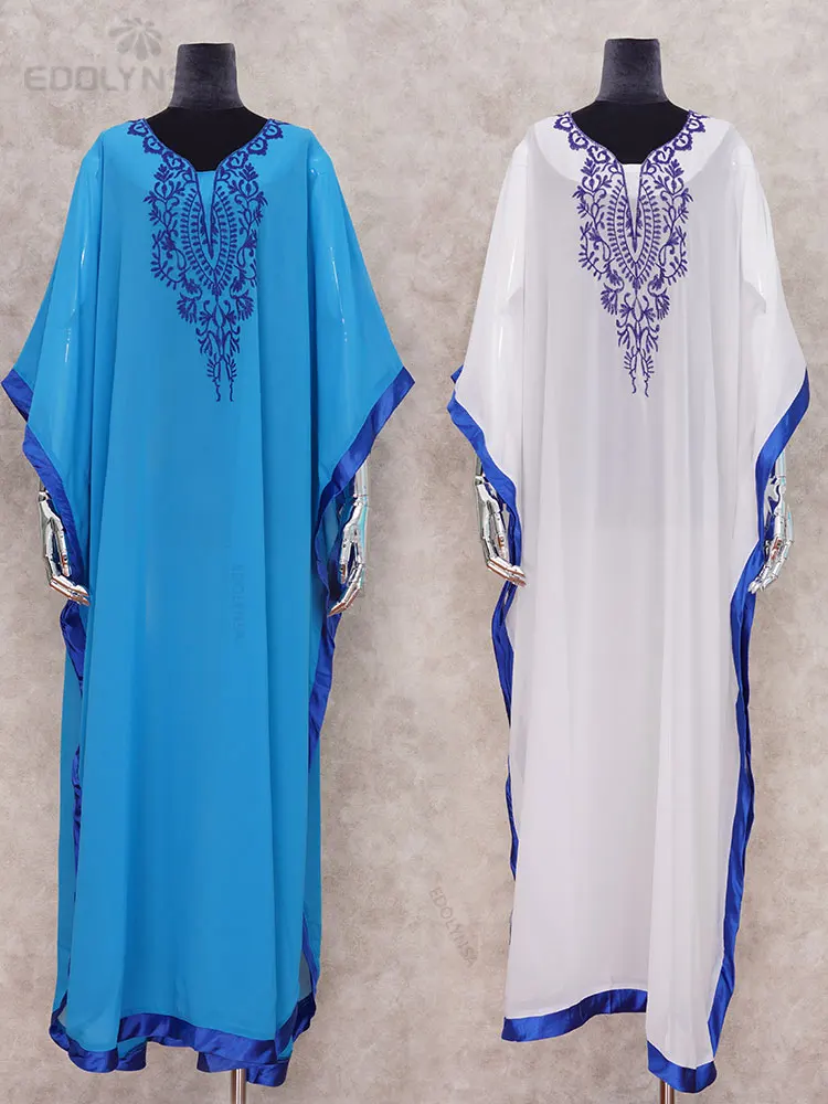 2022 Plus Size Blue Embroidered Summer Beachwear Chiffon Kaftan Beach Woman Tunic Bath Dress Robe plage Swim Wear Cover Up #Q746 | Женская