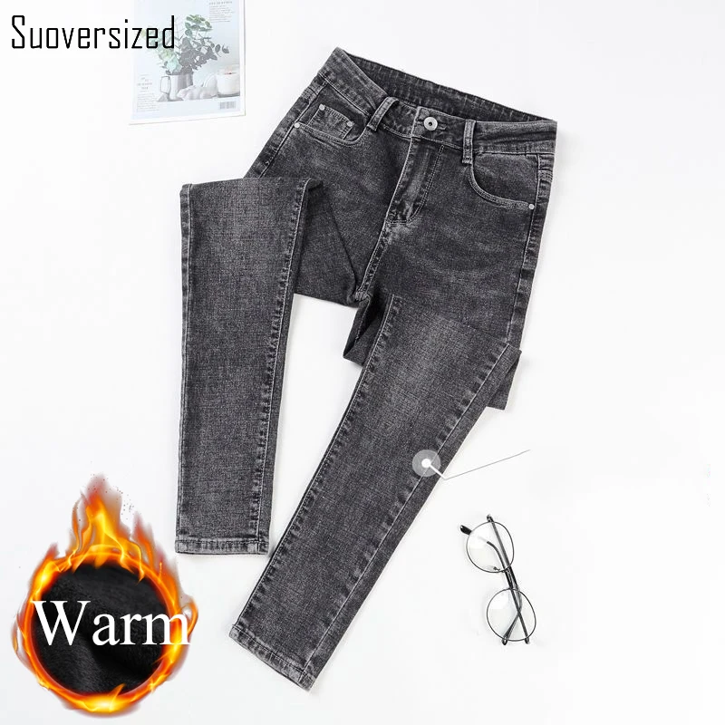 

Winter Vintage Capris Skinny Pencil Jeans Add Velvet High Waist Oversized 32 Solid Streetwear Basic Sexy Slim Thicken Denim Pant
