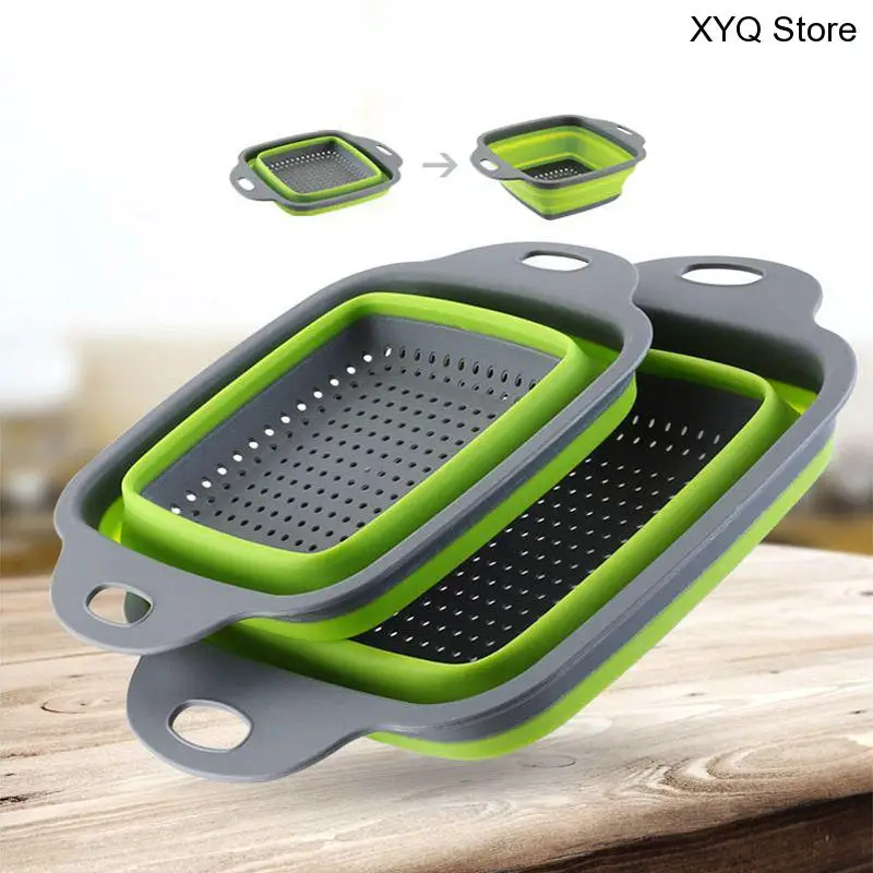 

2pcs/set Foldable Silicone Strainer Square Shape Basket Collapsible Colander Fruit Vegetable Washing Drainer Kitchen Organizers
