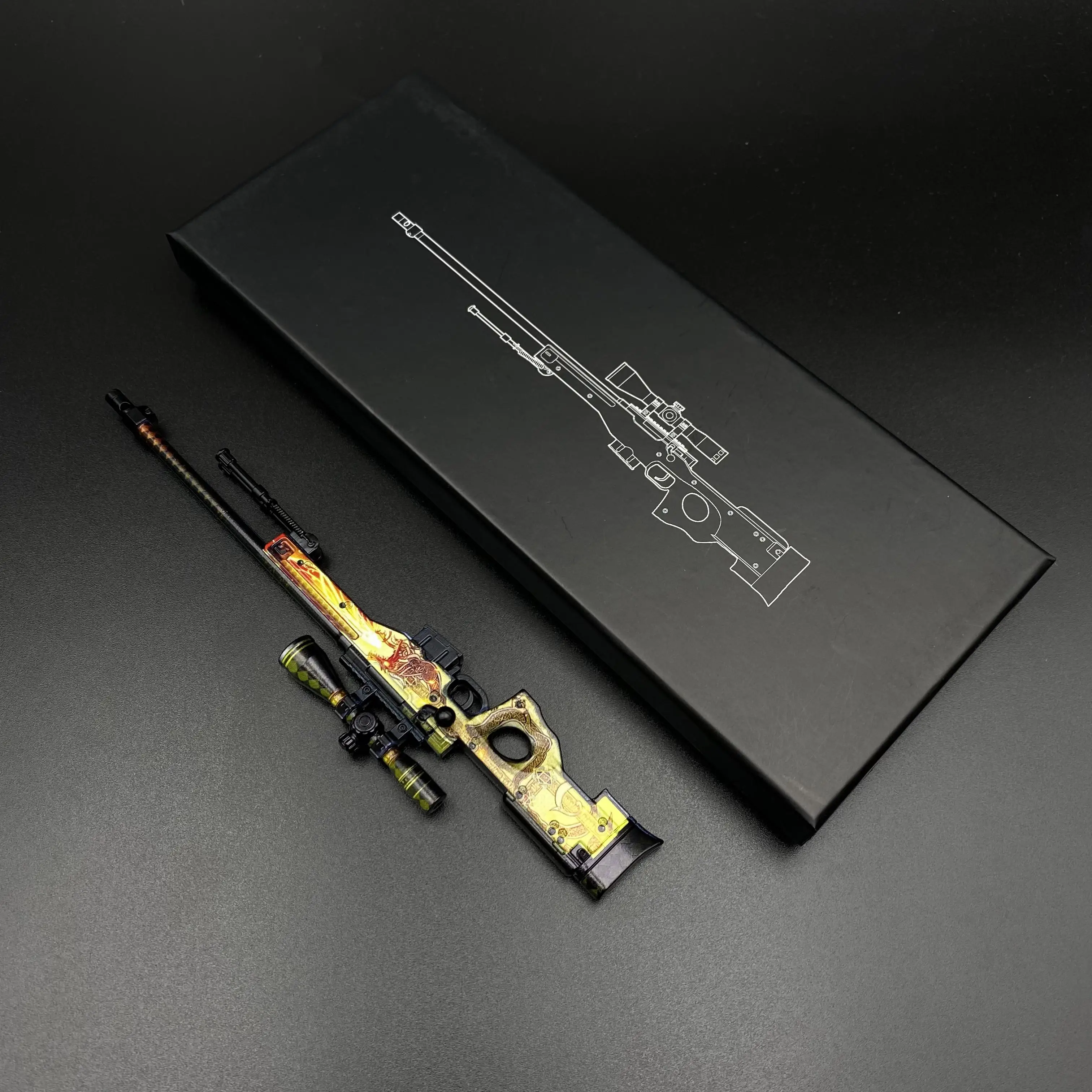 Фото 20-сантиметровая модель снайперской винтовки GOS AWP Dragon Lore Gungnir, настольное украшение, полностью металлический игрушечный пистолет, игровой реквизит, декорации, подарки для мальчиков, коллекционный предмет. №4