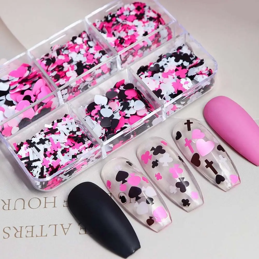

1Box Cool Black Pink Love Hearts Cross PET Sequins Epoxy Filling Keychain Playing Cards Nail Art DIY Accessories