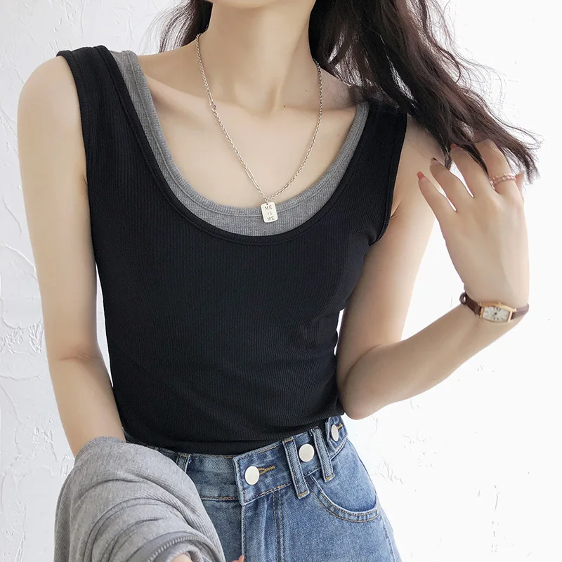 

Summer Fake Two Pieces Foldable Inner Stretch Threaded Sexy Vest Thin Gray Tops Female Korean Sleevess Y2k Tank Tops Camisoles