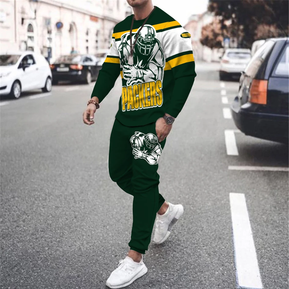 

New Spring Rugby Pattern Fashion Men's training T-shirt Long Sleeve Suit Sweatshirt Crew Neck 3D Printing Men's 2 Piece Clothing