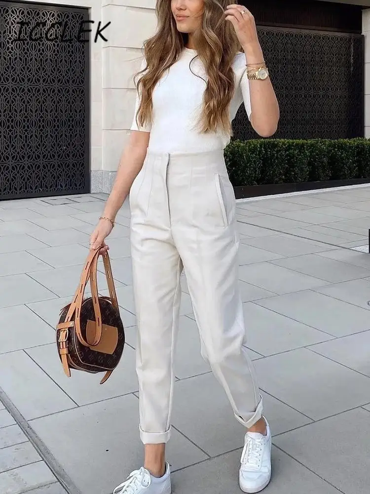 Icclek Spring Women's Pant Solid Casual Harem Pants Office Formal Ladies Pant Loose High Waist Chic Khaki Black Trousers Vintage