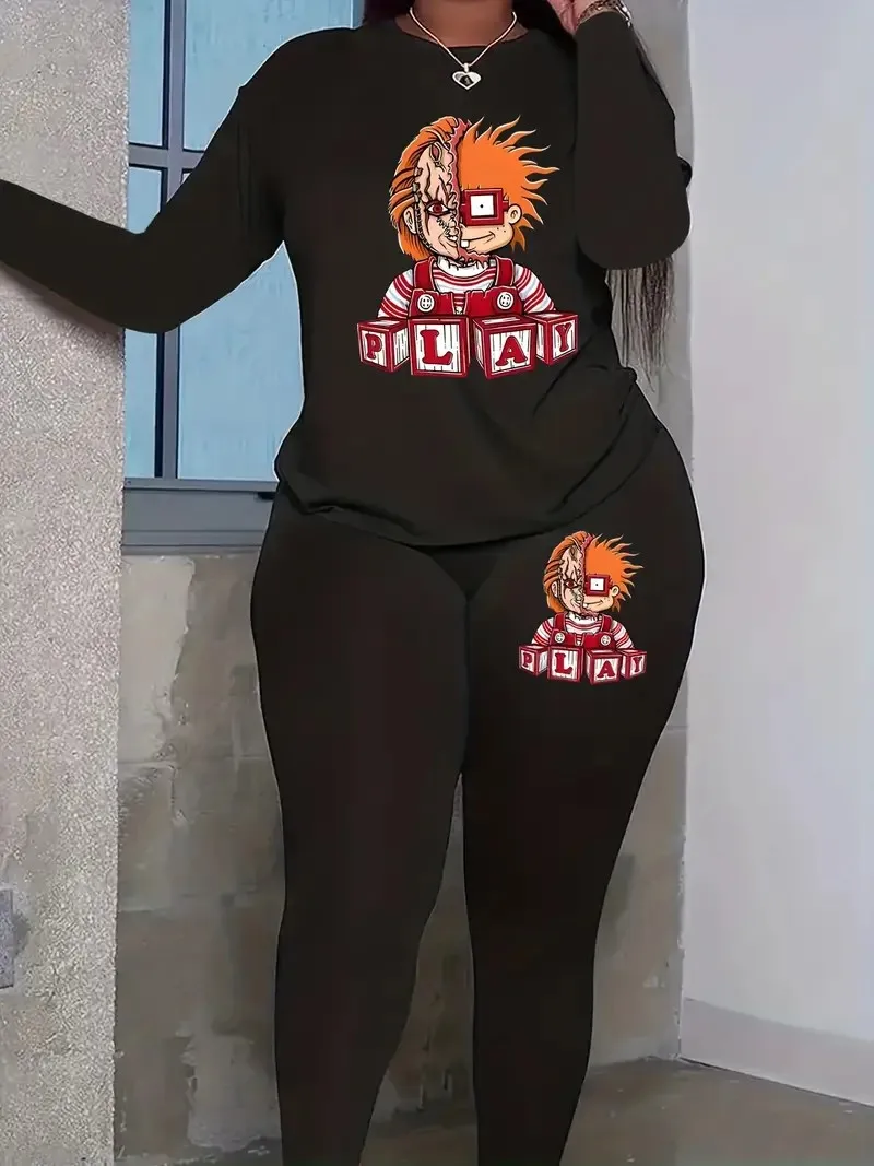 Женский спортивный костюм с коротким рукавом топ круглым вырезом и брюки принтом