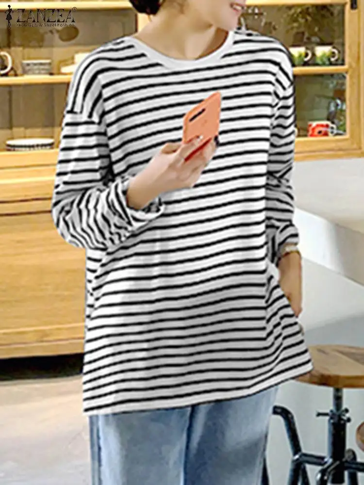 

ZANZEA Stripe Printed Split Women's Blouse Female Long Sleeve Tunic Shirt Spring Elegant Holiday Chemise Loose Fashion Tops 2023
