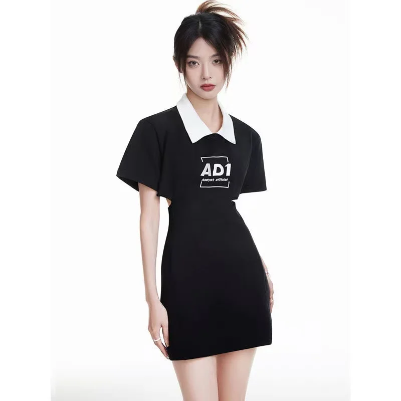Женское черное платье-поло с вышивкой коротким рукавом и открытой спиной - купить