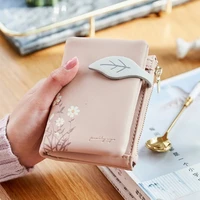 wallet women short pu leather simple personality bi fold soft thin tide multifunction purse clutch leaves design hasp