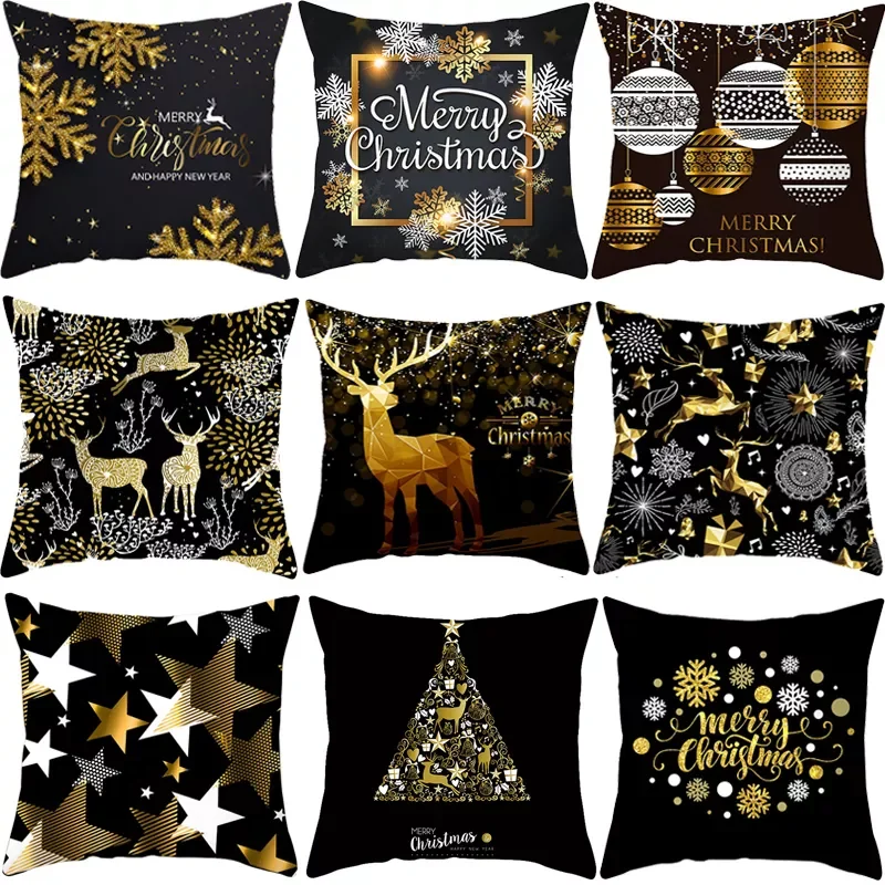 

45cm Christmas Black Gold Cushion Cover Merry Christmas Decorations for Home Cristmas Ornaments Natal Navidad Gift New Year 2022