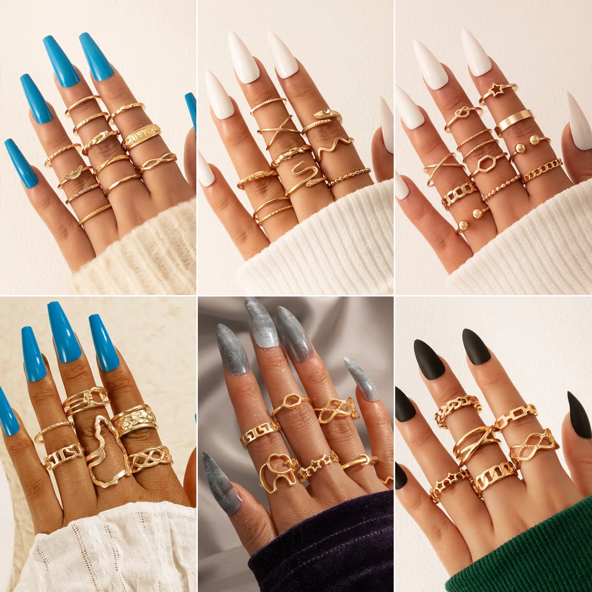 

New 2022 Elephant Star Opening Ring Set Geometric Hollow Ring Set