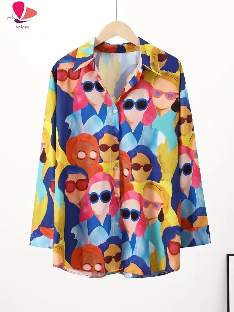 Женская рубашка с принтом аватара из мультфильма модная однобортная лацканами