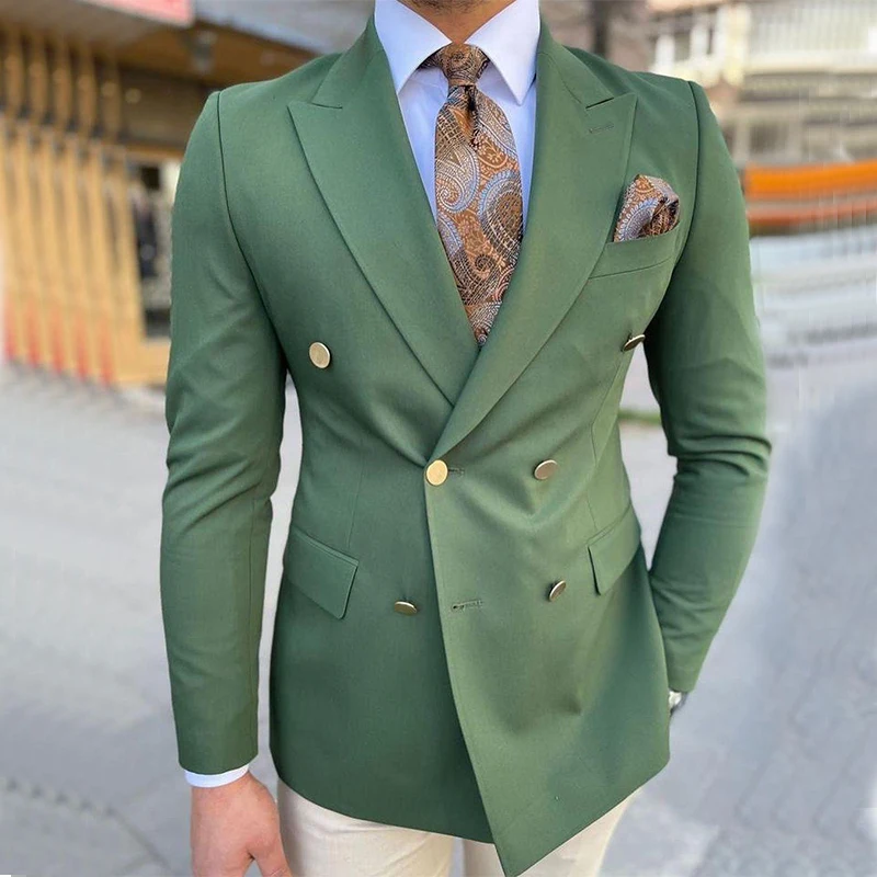 Hunter Green Men Suits Seperate Peaked Lapel Double Breasted Blazer Jacket Tuxedos Groom Wedding Suit Only One Coat