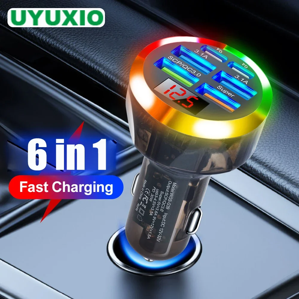 UYUXIO 6 в 1 USB-адаптер автомобильного зарядного устройства типа C PD с дисплеем
