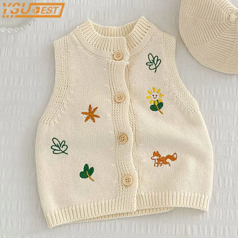 

Демисезонный жилет без рукавов с вышивкой для маленьких девочек, вязаный жилет для младенцев, кардиган для маленьких девочек с цветами, пал...