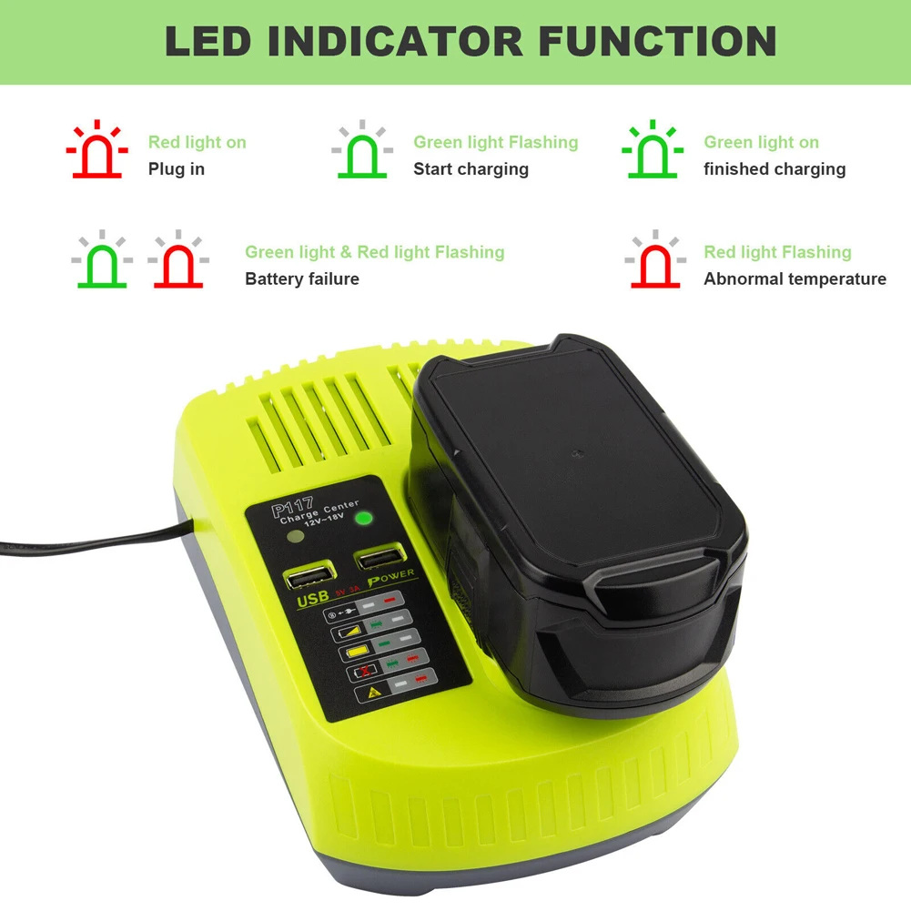 Зарядное устройство P117 P100/108 3A, устройство для быстрой зарядки P102 P103 P104 P105 P106 P107 P109 с двумя USB-портами для никелевых литиевых батарей Ryobi 12В-18В