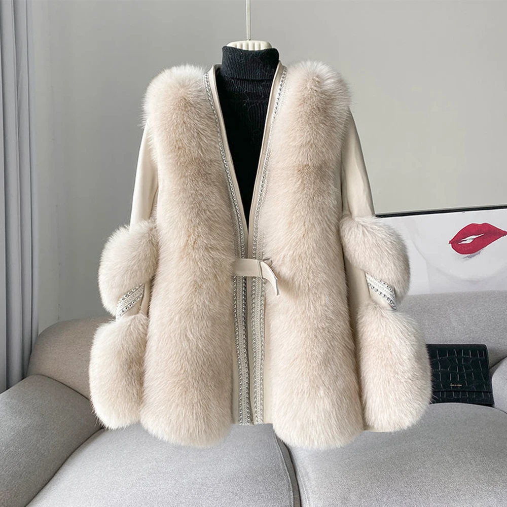 New Cashmere Wool Blends Fur Coat Winter Jacket Women Oversize Loose Fake Fox Fur Collar Outerwear