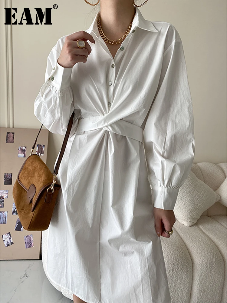 

[EAM] женское Плиссированное Платье-рубашка большого размера с белым бантом, новое Свободное платье с длинными рукавами и отворотом, весна-ос...