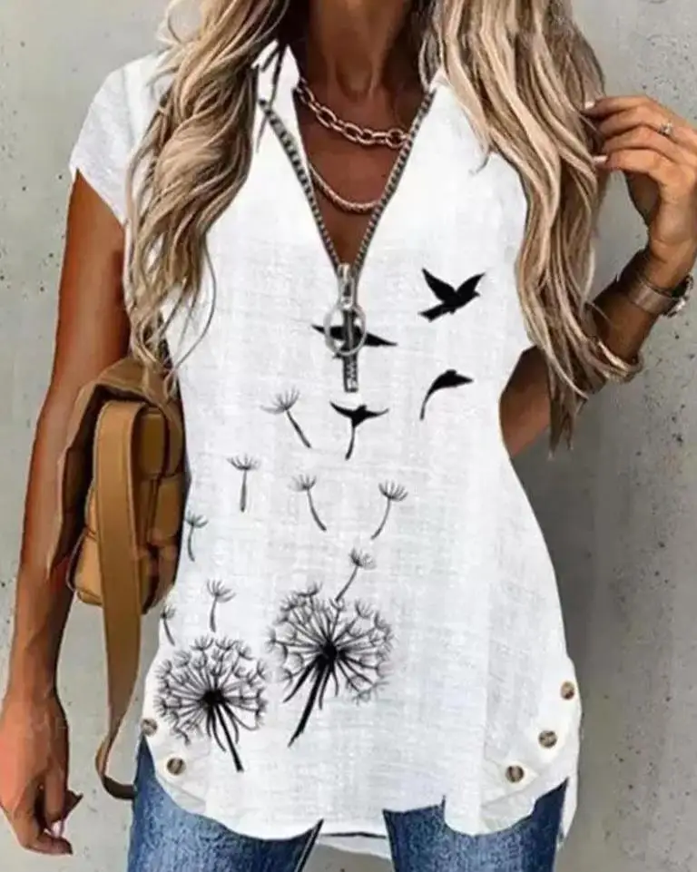 

2022 Summer Women's New Blouses Dandelion Bird Print Zip Front Casual Top Short Sleeve T Shirt Fashoin Female Clothing Outfits