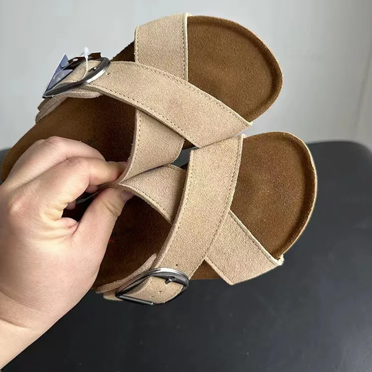 New Summer Women's Cow Suede Leather Cork Sandals Two Buckle Flats Sandals Women Retro Roma Style Fashion Slides Women