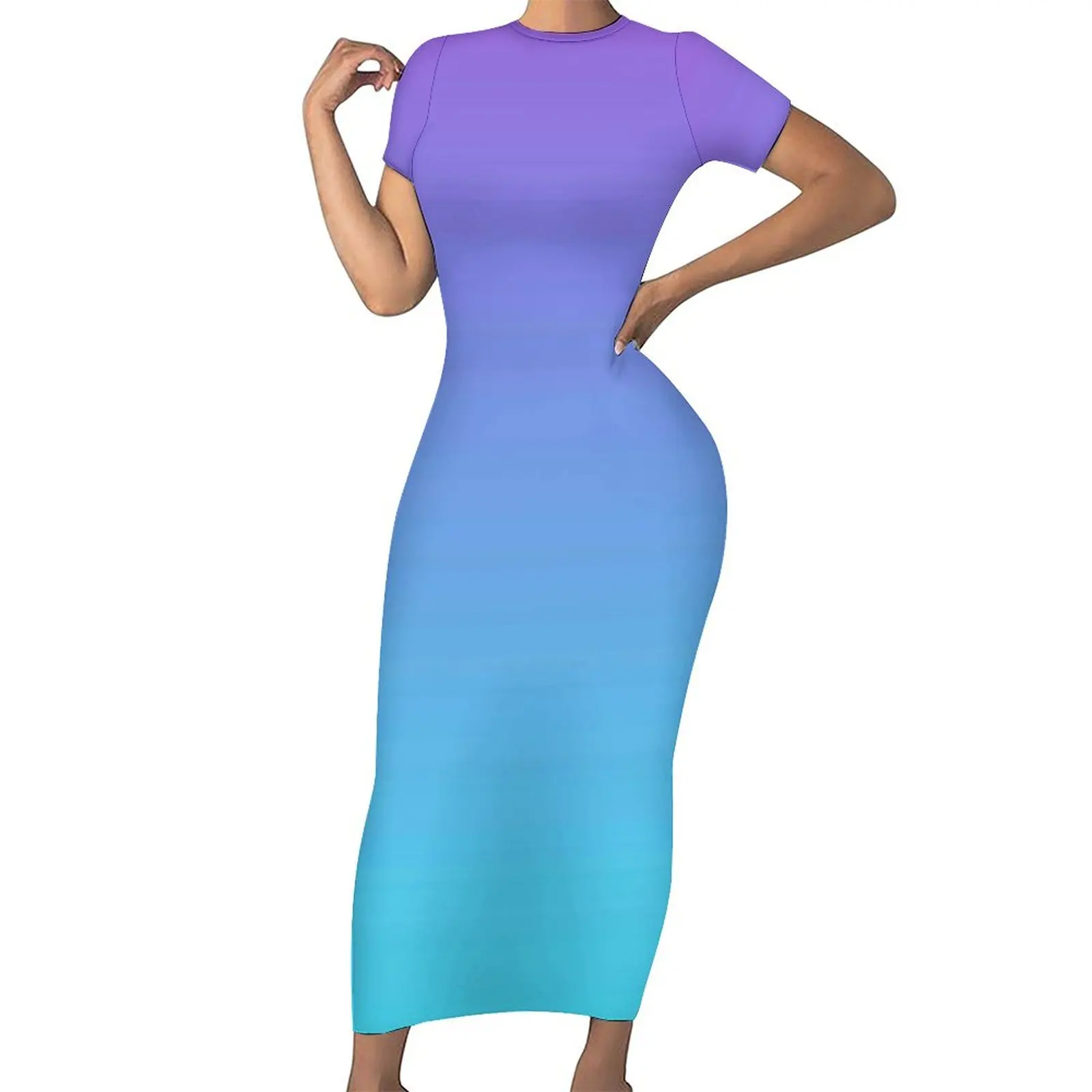 

Trendy Ombre Dress Short Sleeve Purple and Teal Blue Elegant Maxi Dresses Summer Streetwear Graphic Bodycon Dress Big Size 5XL
