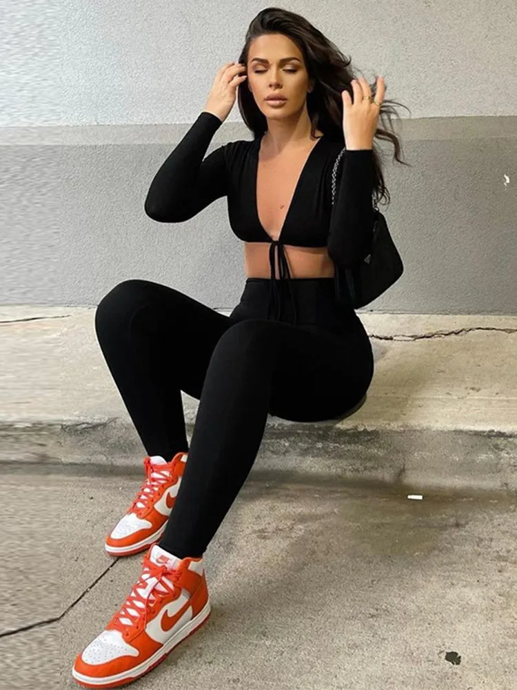 

Whatiwear Solid Jumpsuit Long Sleeve Elegant One Piece Overall Sexy Drawstring Cleavage Hipster Midnight Club Female Clothing