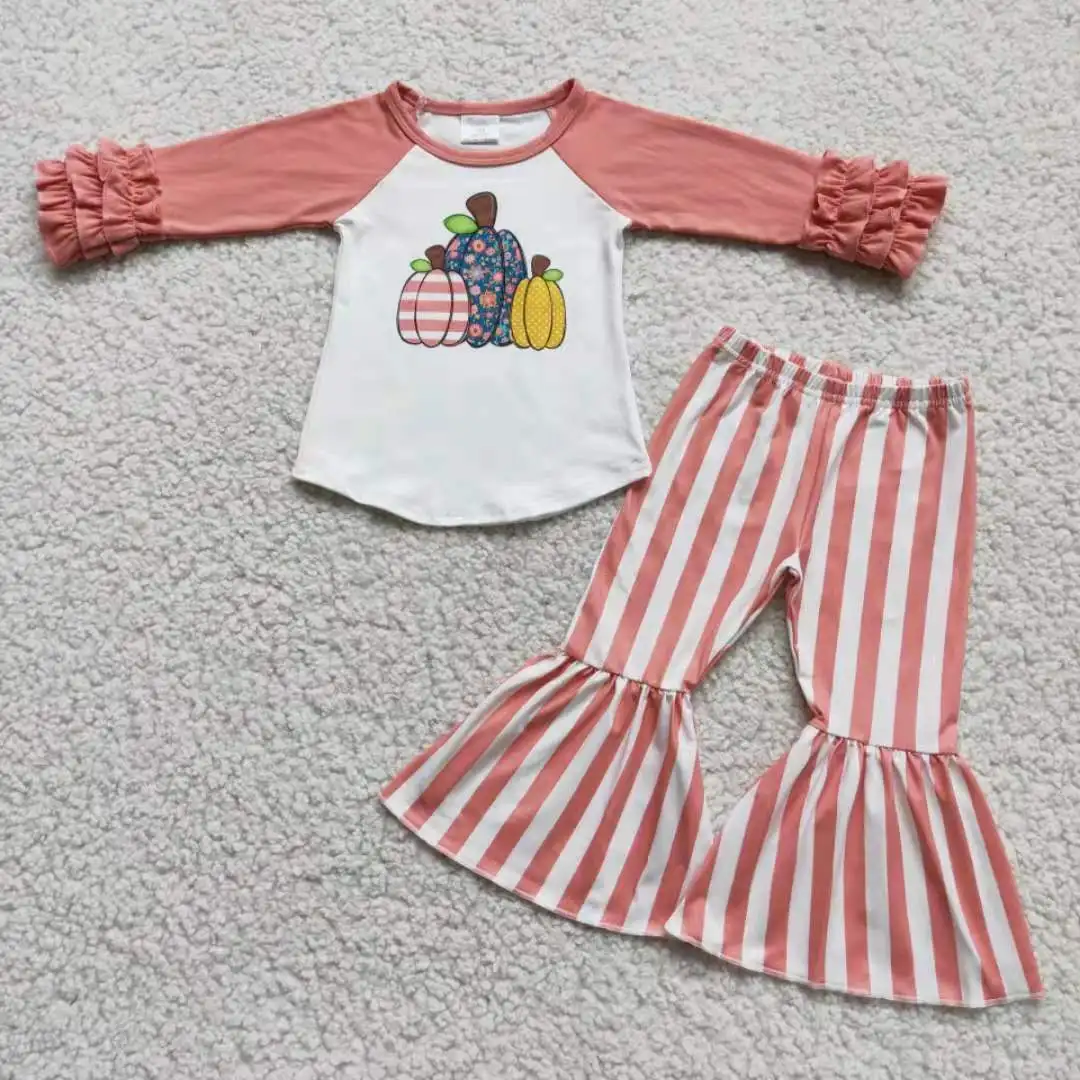 

2022 New Kids Clothing Pink Ruffles Embroidery Pumpkin Long Sleeve Top Baby Girls Clothes Stripes Bell Pants Set Children Wear
