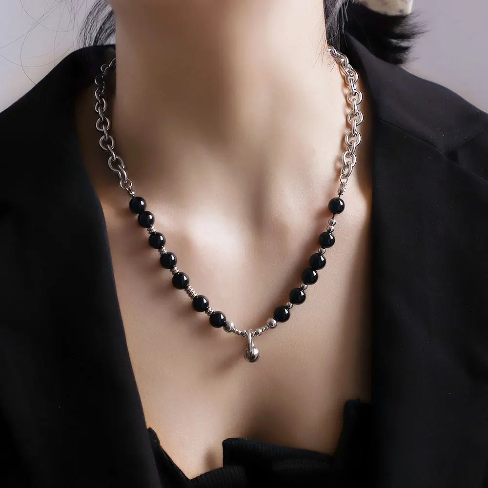 

Unisex Design Obsidian Cat's Eye Stone Splicing Titanium Steel Necklace Niche Collarbone Chain Vintage Black Beads Necklace