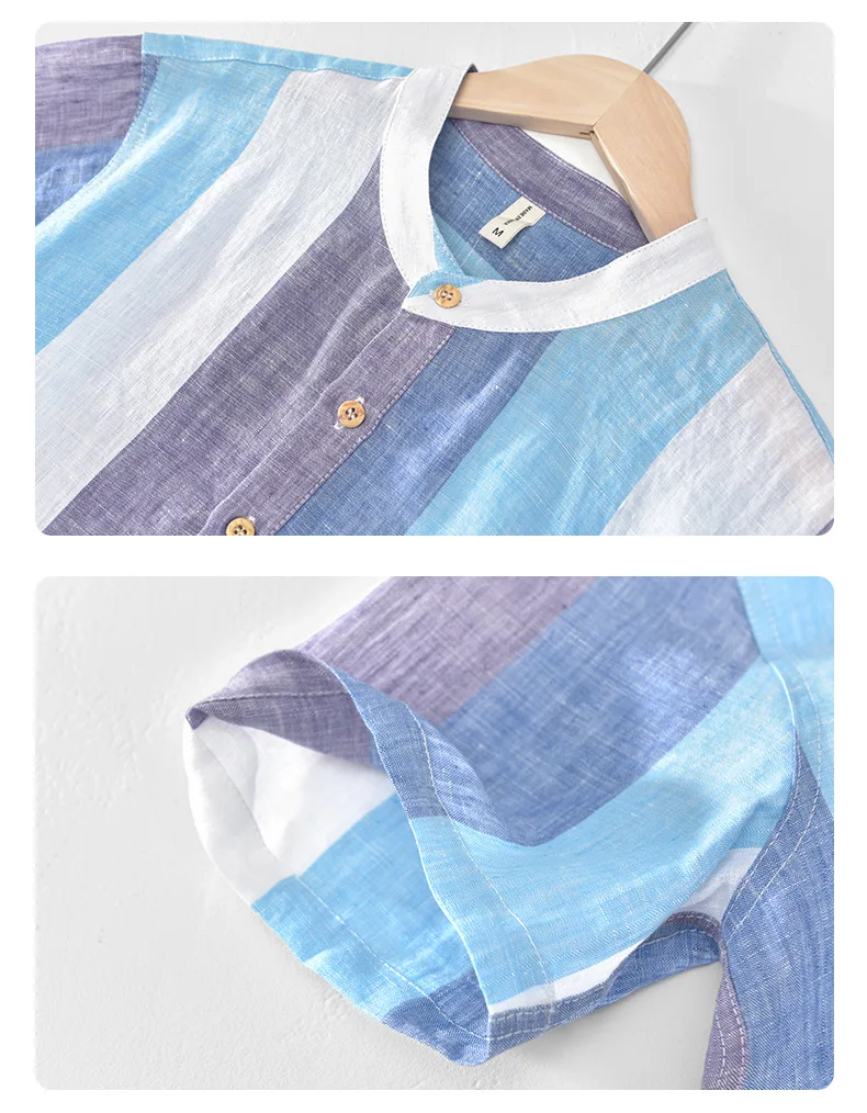 Top Selling Product In 2022 New Summer Linen Striped Shirt Casual Fashion Men's Short Sleeve Stand Collar Shirt Men's Clothing