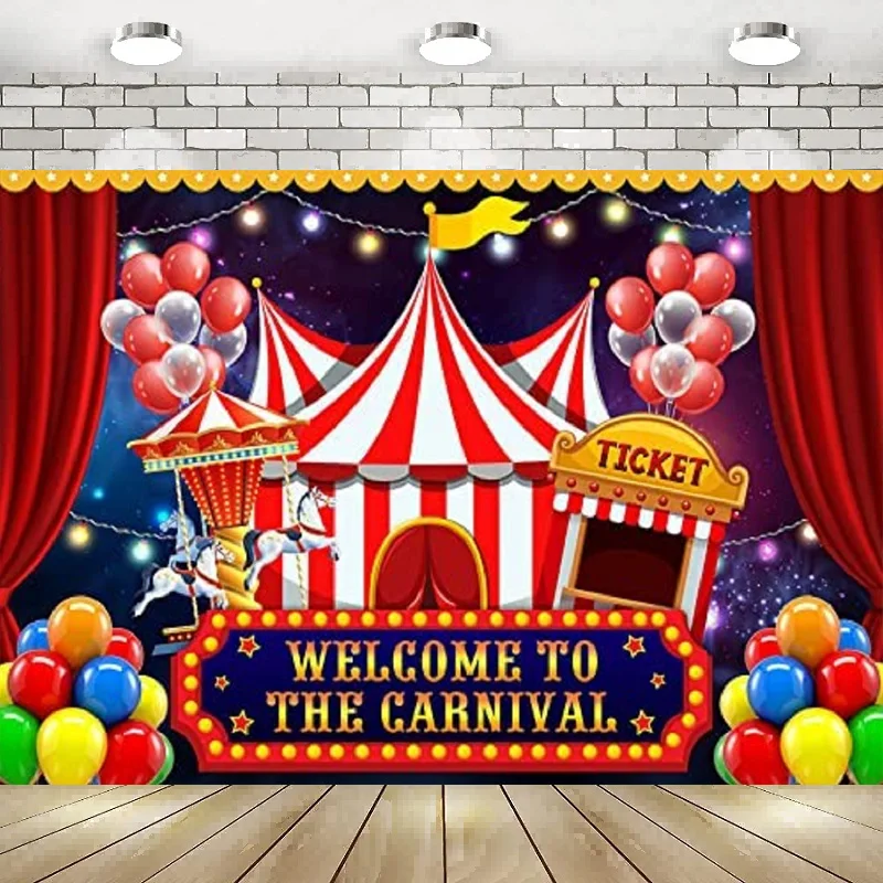 

Circus Backdrop Photography Theme Birthday Decor Banner Welcome To The Carnival Red Tent Colorful Balloon Photography Backgrou