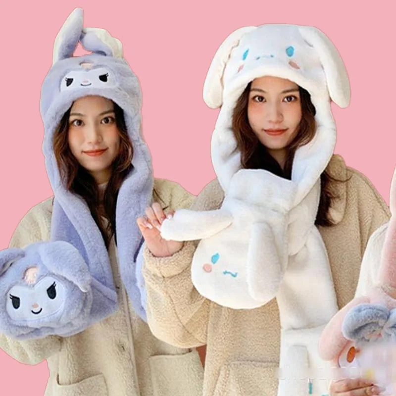 

New Kawaii Sanrioed Scarf Gloves Hooded Hat 3 In 1 with Moving Ears My Melody Kuromi Cinnamoroll Hats Women Winter Warm Hat Gift