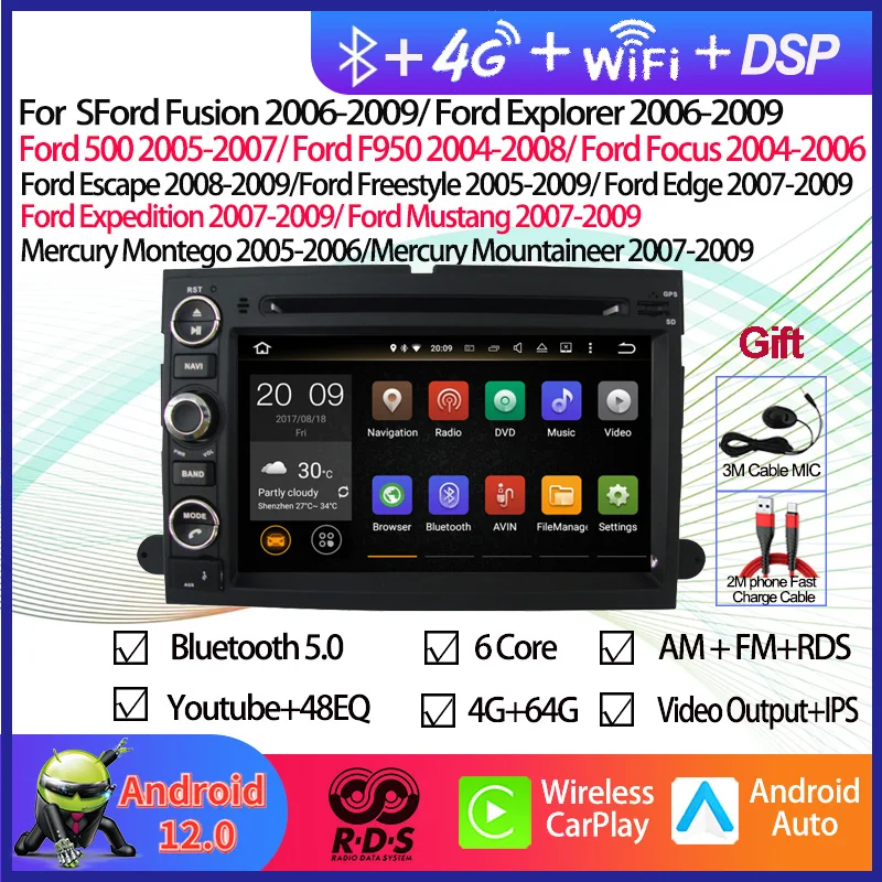 

Android 12 Car GPS Navigation Audio Radio Stereo For Ford Fusion/Explorer/Focus/Expedition/Mustang/F950 2006-2009 Head Unit
