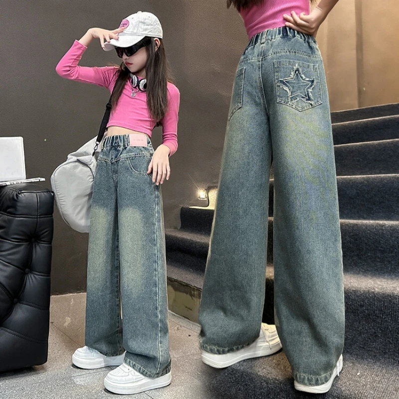 Осенние свободные брюки для девочек джинсы прямые из денима 12-14 лет