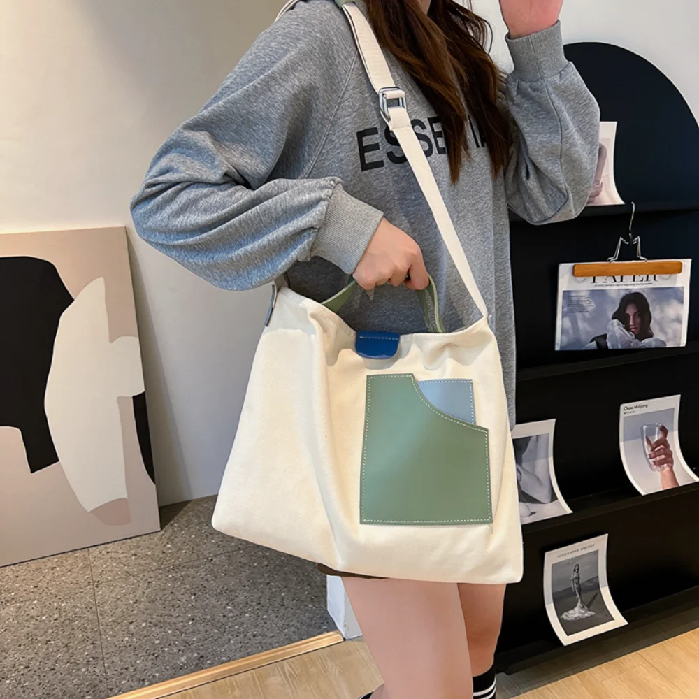 Fashion Patchwork Canvas Shoulder Tote Bags Women Designer Simple Versatile Handbags Large Capacity Female Casual Shopper Bag