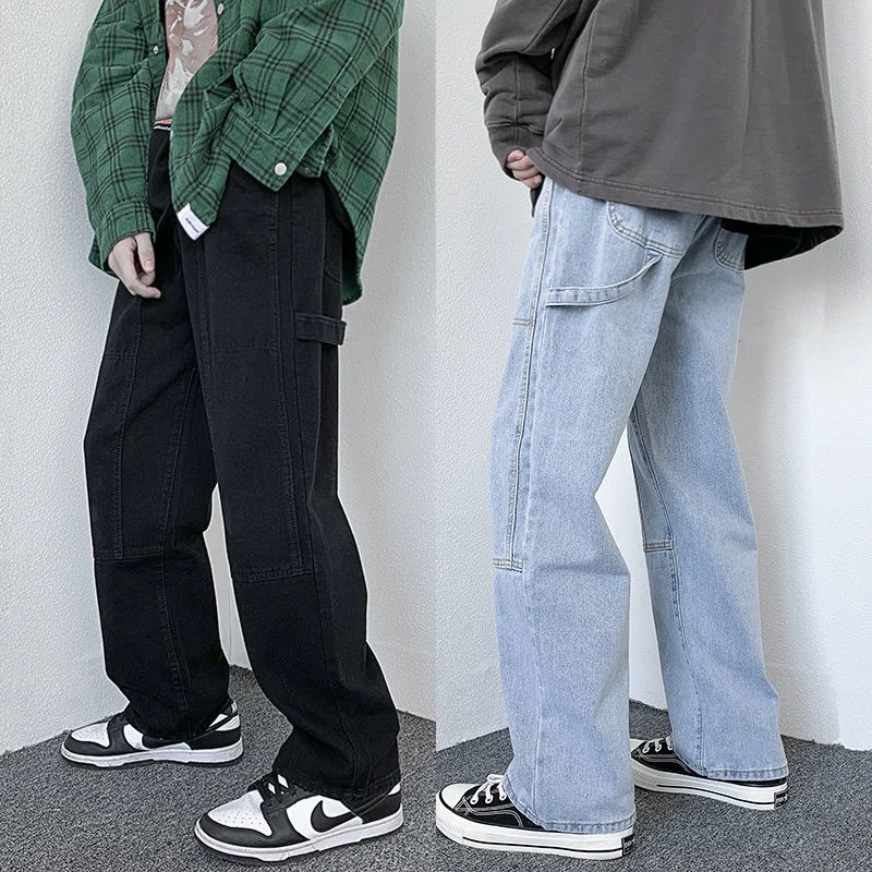 

Синие Черные джинсы, мужские Модные Повседневные мешковатые джинсы-карго, мужские уличные свободные прямые джинсовые брюки в стиле хип-хоп,...