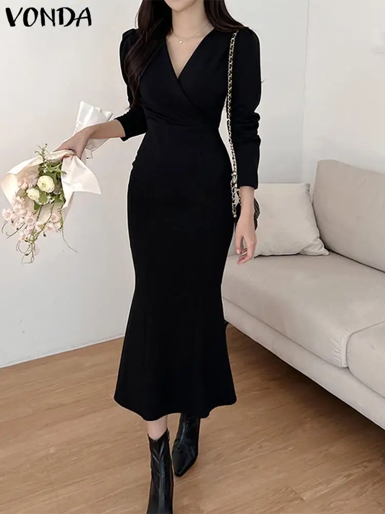 

Женское летнее платье-годе VONDA 2023, элегантный вечерний сарафан с оборками, пикантный Повседневный Однотонный сарафан средней длины с V-образным вырезом и длинным рукавом-фонариком