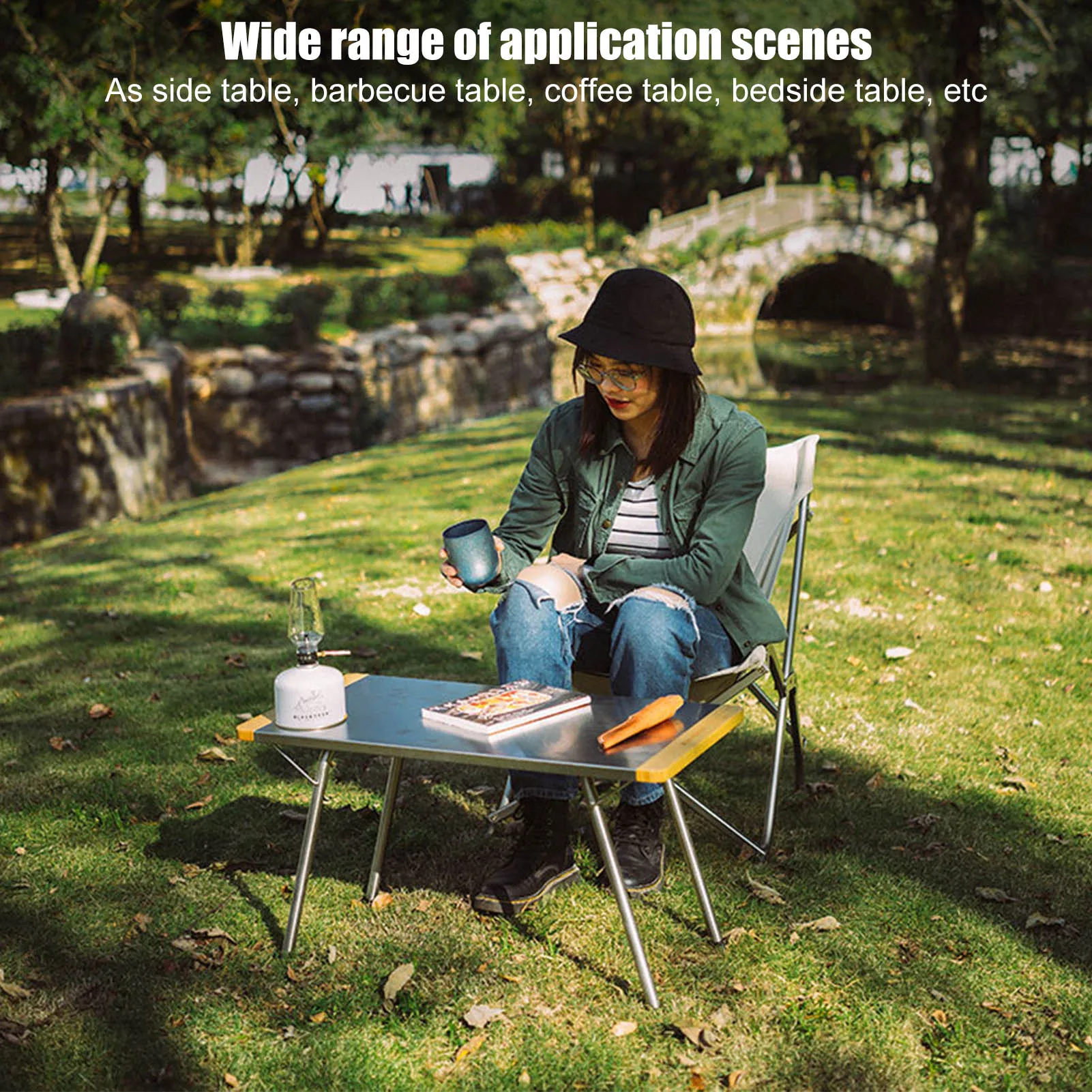 

Portable Bamboo Folding Table Craft Camping And Utility Table Stainless Steel Outdoor Picnic Table Easy To Wipe Barbecue Table