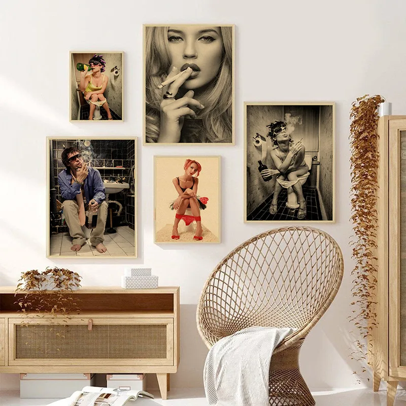 Modern toilet sexy woman girl Kraft Paper smoking drinking bathroom picture poster modern home decoration paintin | Дом и сад