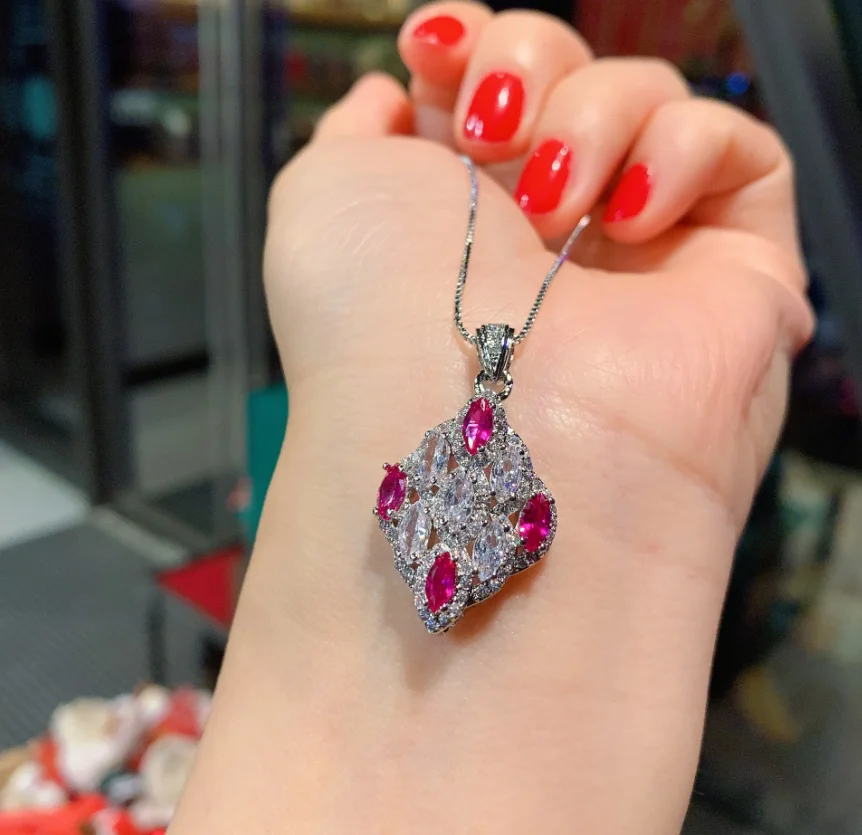 

ANGLANG Luxury Pink Pendant Chain Necklace Bridal Wedding Shiny CZ Stone Romantic Gift Fashion Necklace Jewelry for Women