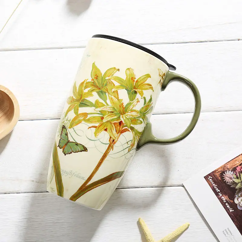 

Роскошные кофейные кружки, керамические креативные красивые сублимационные кружки для молока с крышкой, многоразовая керамическая посуда ...