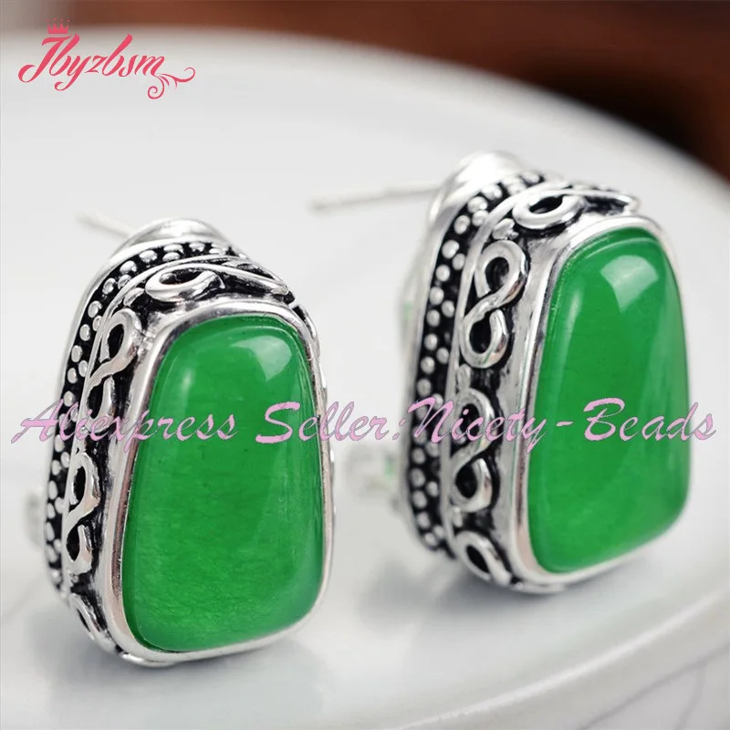 

13x18mm Trapezoid Jade Tuquoise Stone Tibetan Silver Exquisite Stud Earring Jewelry 1 Pair for Women Wedding Party Anniversary