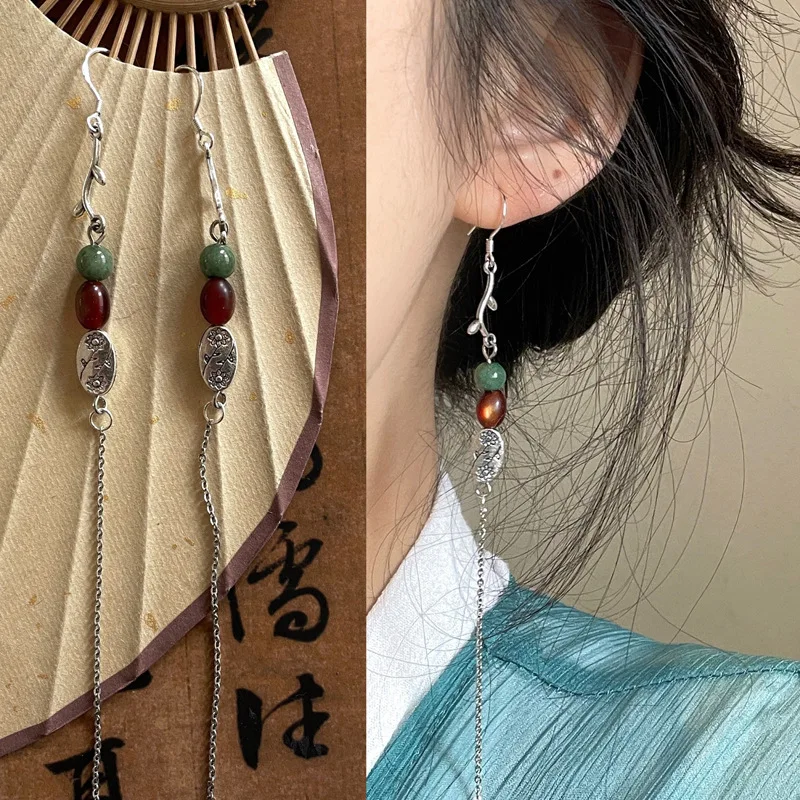 

New Popular Creativity Traditional Exquisite Jade Branch Pendant Long Tassel Earrings Niche Design Elegant Women's Jewelry Gift