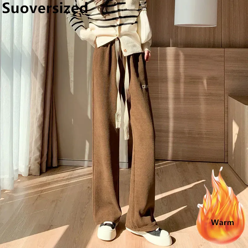

Women's Corduroy Plus Velvet Wide-leg Pants Winter High Waisted Warm Thicken Straight Pantalon Korean Casual Streewear Trousers