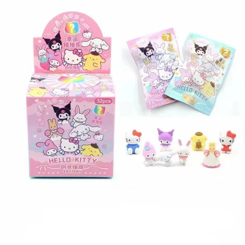 

32pcs Sanrio Blind Box Doll Eraser Cartoon Cute Hello Kitty My Melody Kuromi Eraser Mystery Box Student Stationery Birthday Gift