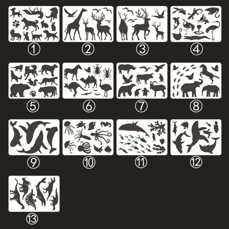 

13pcs Animal World Painting Stencils DIY Walls Layering Drawing Template Decor Scrapbook Diary Stamp Coloring Embossing Reusable