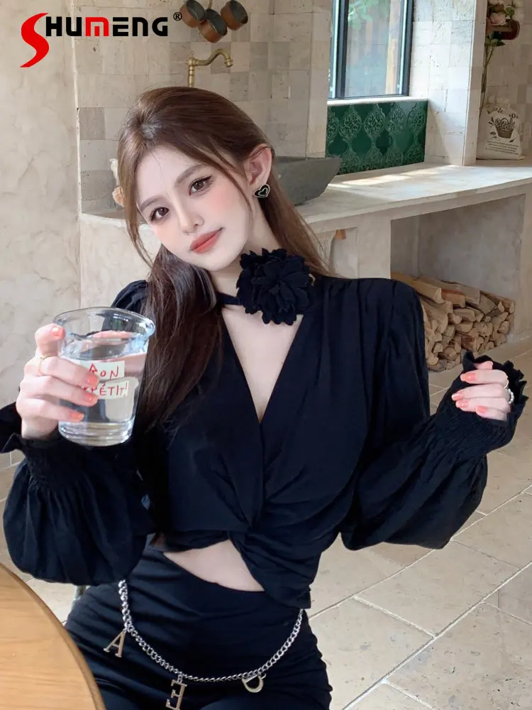 

Пикантная женская рубашка с V-образным вырезом, темпераментный Женский пуловер с длинным рукавом-фонариком, короткая рубашка, элегантные бл...