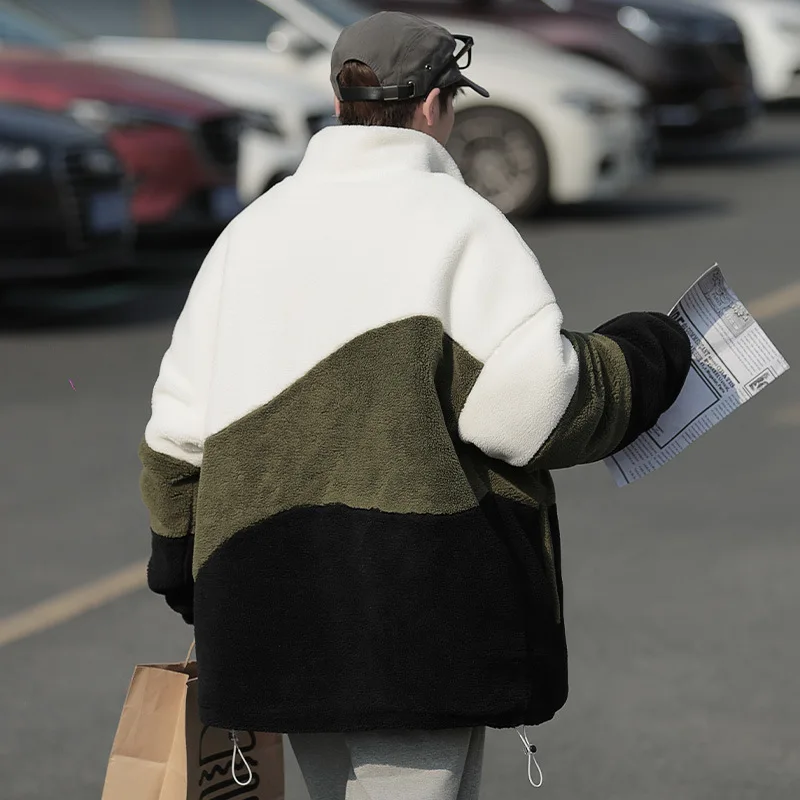 Cotton-padded Men's Autumn and Winter Contrast Color Thick Lamb Wool Coat Loose Warm Windproof Stand-up Collar Cotton-padded Men