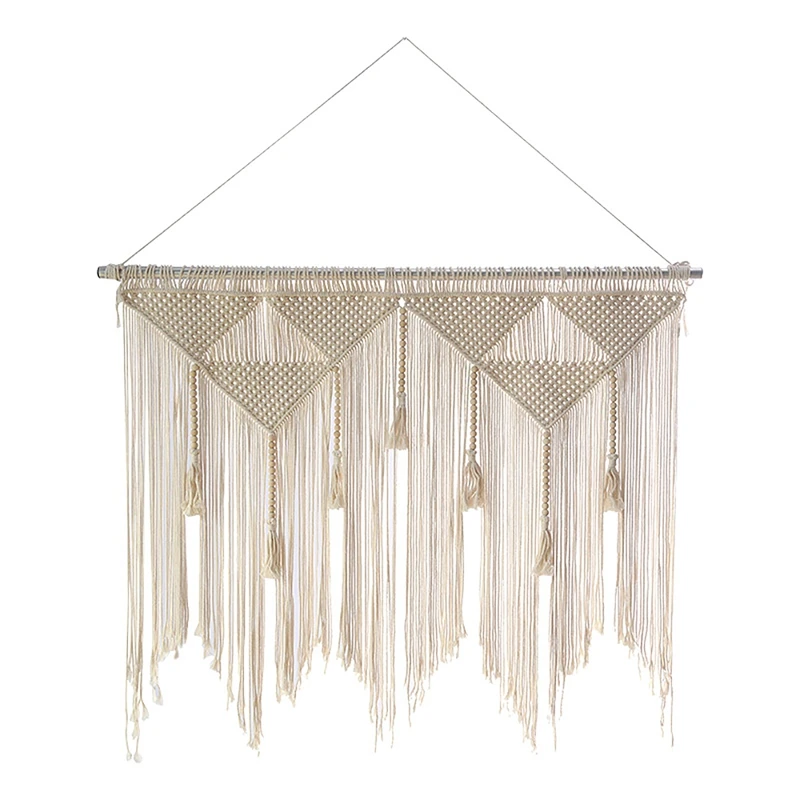 

BMDT-Macrame Wall Hanging Boho Woven Tapestry, Beige White Tassel Decor Curtain For Home Backdrop (Wood Stick Not Included)