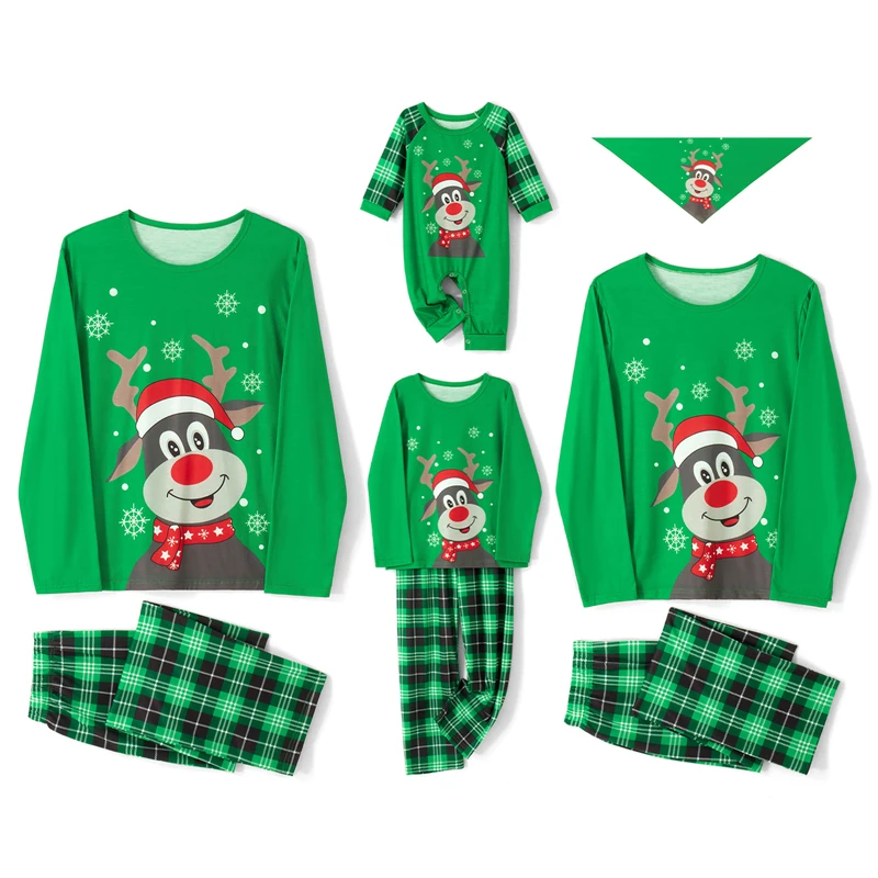 

Christmas Pajamas for Family Set Sleepwear Long Sleeve Elk Tops + Plaid Pants for Adults Kid clothing set compatible for family