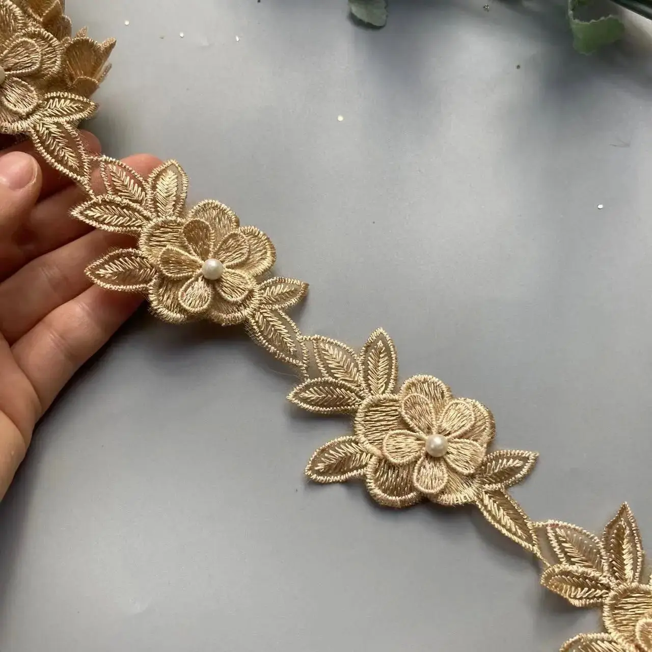1 ярда золотой жемчужный цветок лист ручная работа вышитая бисером кружевная