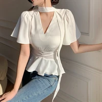 korean style sexy v neck bowtie collar short sleeve women blouse peplum shirt elegant office lady crop top blusas mujer 136j